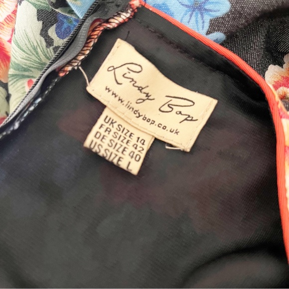 Lindy Bop Blue and Orange Floral Retro Silhouette Style Pin Up Fit & Flare Dress - Picture 7 of 10